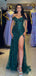 Elegant Green Off-Shoulder Mermaid Side Slit Long Prom Dress Ideas, Evening Party Dresses , OLP1227