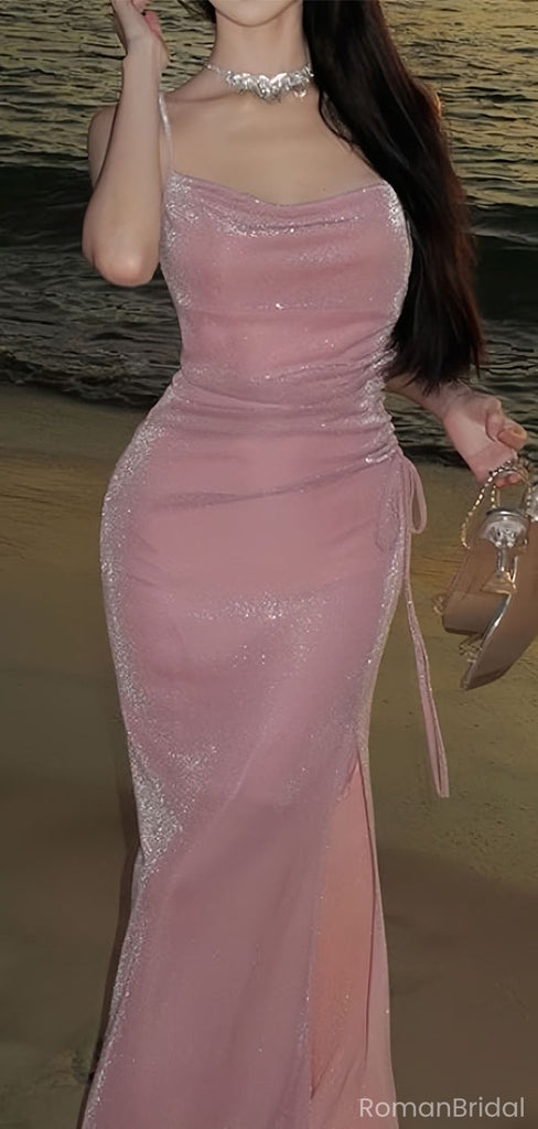 Shiny Pink Spaghetti Strap Mermaid Long Prom Dress Ideas, Evening Party Dresses, OLP1358