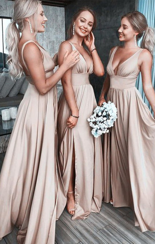 Elegant Champagne Spaghetti Strap Sleeveless A-Line Long Bridesmaid Dresses Online , BG881