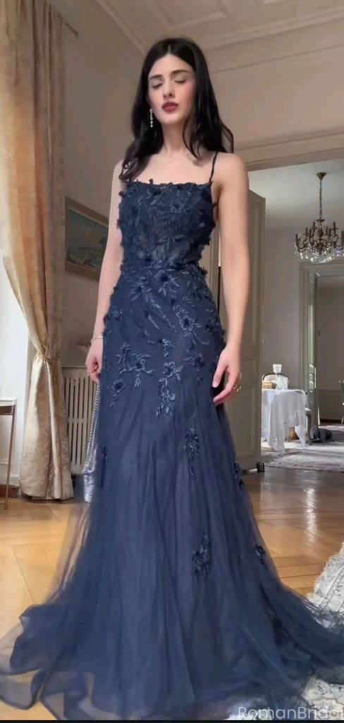 Unique Navy Blue Spaghetti Strap Mermaid Long Prom Dress Ideas, Evening Party Dresses, OLP1275
