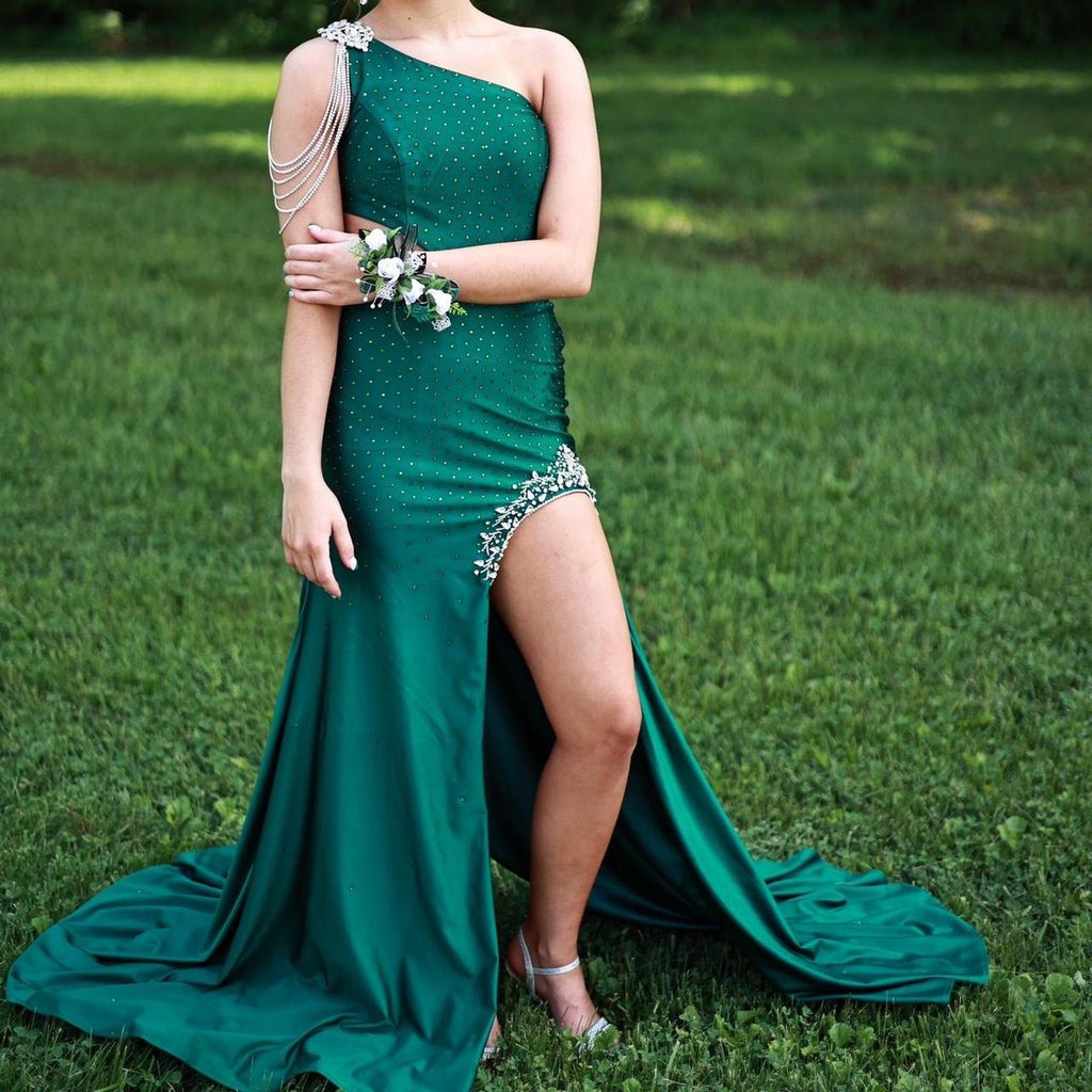 Elegant Green One-Shoulder Mermaid Side Slit Long Prom Dress Ideas, Evening Party Dresses, OLP1383