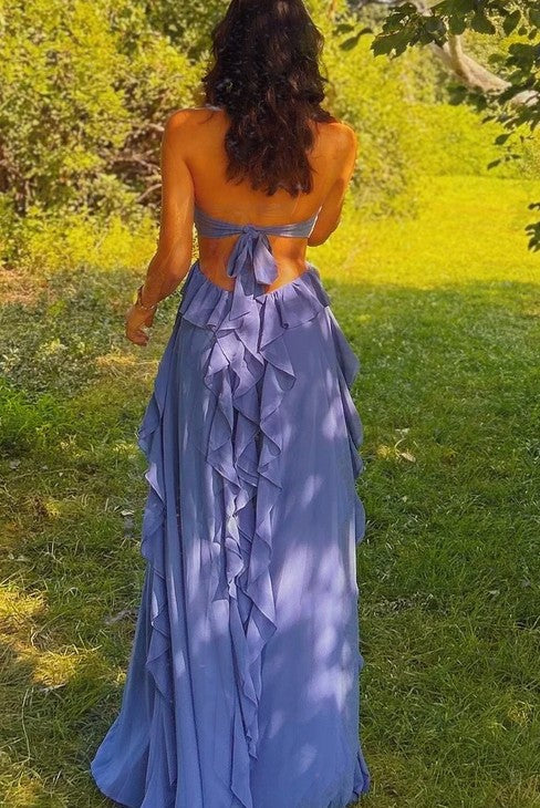 Sexy Blue Halter Strap A-Line Long Prom Dress Ideas, Evening Party Dresses, OLP1256