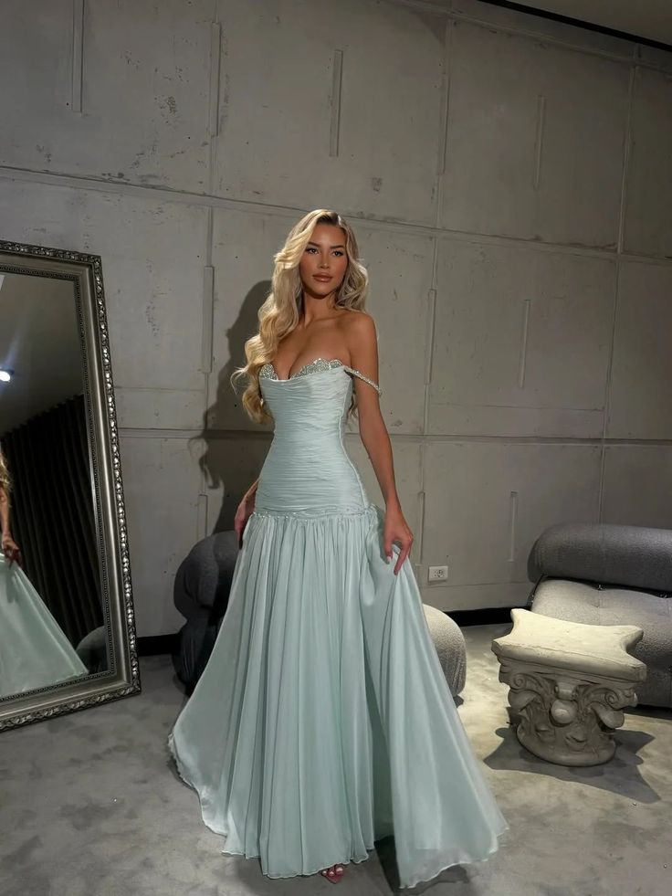 Elegant Green Off-Shoulder A-Line Long Prom Dress Ideas, Evening Party Dresses , OLP1224