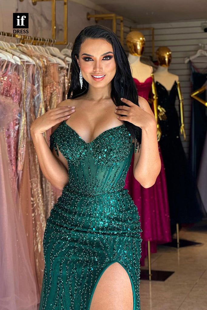 Elegant Green Off-Shoulder Mermaid Side Slit Long Prom Dress Ideas, Evening Party Dresses , OLP1227