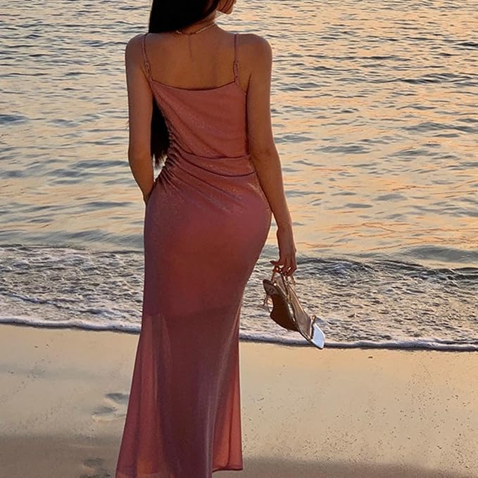 Shiny Pink Spaghetti Strap Mermaid Long Prom Dress Ideas, Evening Party Dresses, OLP1358