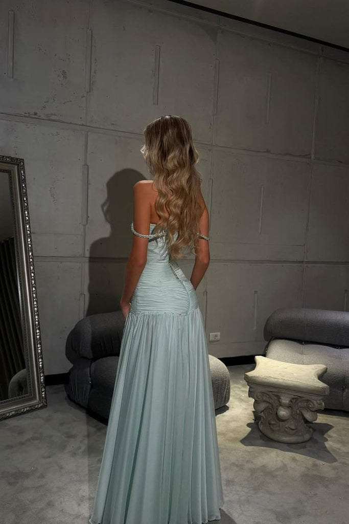 Elegant Green Off-Shoulder A-Line Long Prom Dress Ideas, Evening Party Dresses , OLP1224
