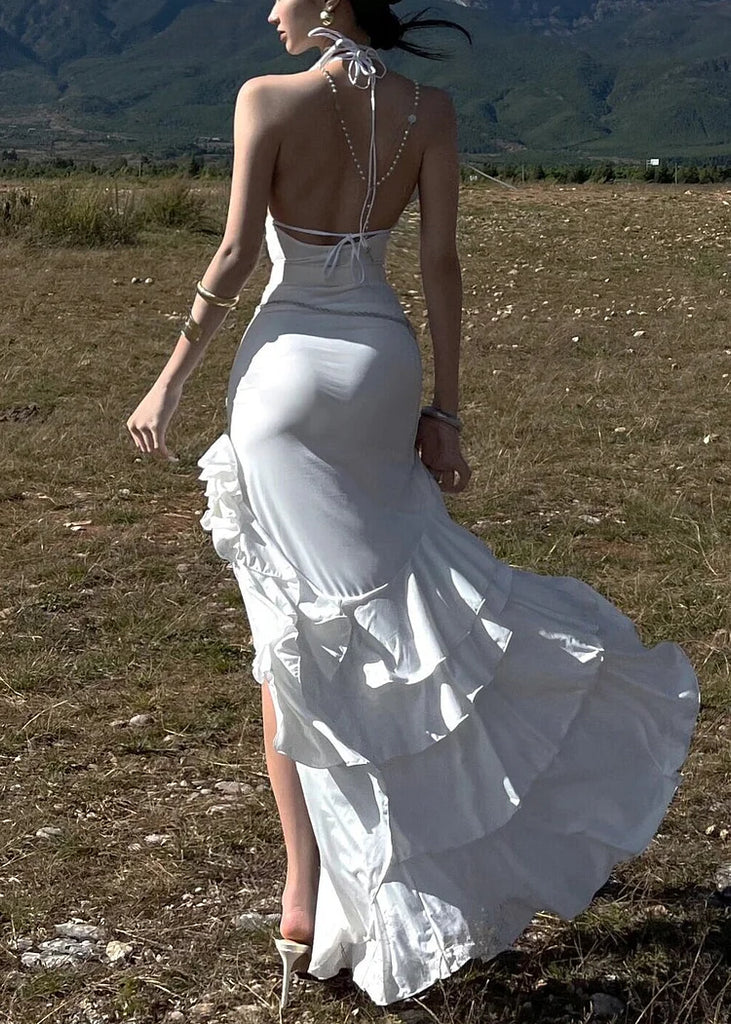 Elegant White V-Neck Mermaid Side Slit Floral Long Prom Dress Ideas, Evening Party Dresses, OLP1345