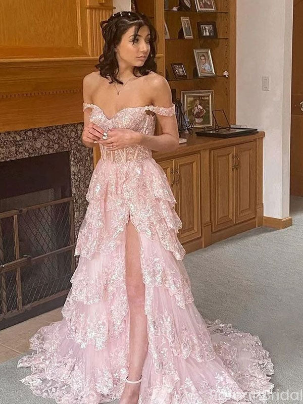 Elegant Pink Off-Shoulder Sleeveless A-Line Side Slit Long Prom Dress Ideas, Evening Party Dresses ,OLP1182