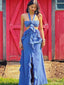 Sexy Blue Halter Strap A-Line Long Prom Dress Ideas, Evening Party Dresses, OLP1256