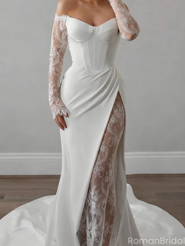 Elegant White Long Sleeve Lace Mermaid Long Wedding Dresses With Sweep Trailing,WD0560