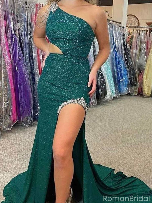 Elegant Green One-Shoulder Mermaid Side Slit Long Prom Dress Ideas, Evening Party Dresses, OLP1383