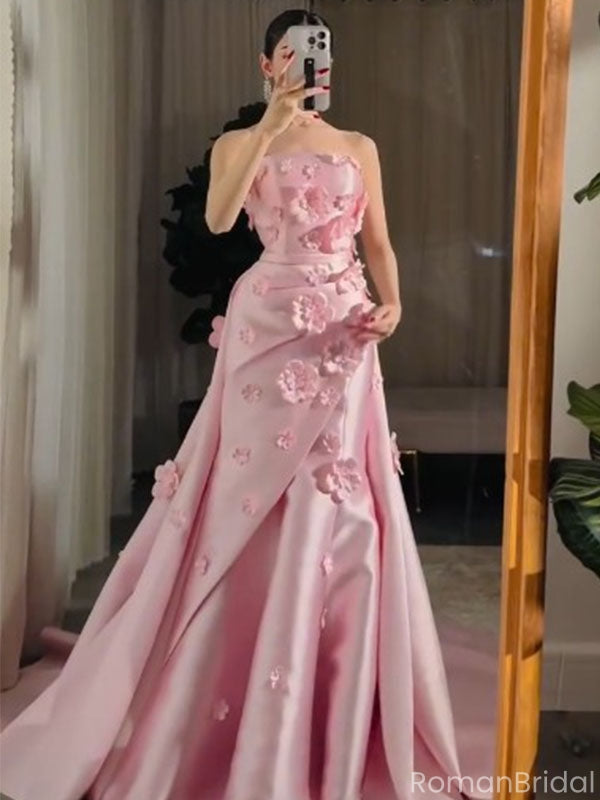 Elegant Pink Floral Sweetheart A-Line Long Prom Dress Ideas, Evening Party Dresses , OLP1243