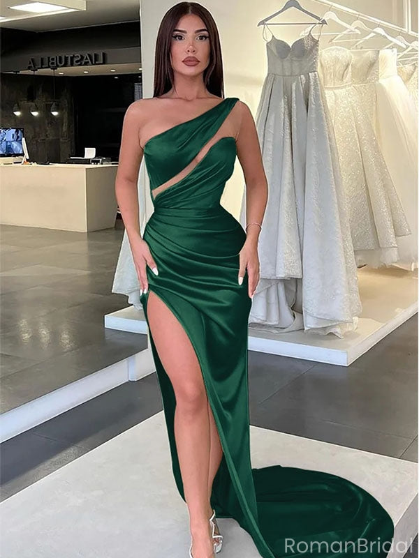 Elegant Green One-Shoulder Mermaid Side Slit Long Prom Dress Ideas, Evening Party Dresses, OLP1265