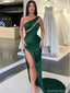 Elegant Green One-Shoulder Mermaid Side Slit Long Prom Dress Ideas, Evening Party Dresses, OLP1265