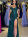 Elegant Green Off-Shoulder Mermaid Side Slit Long Prom Dress Ideas, Evening Party Dresses , OLP1227