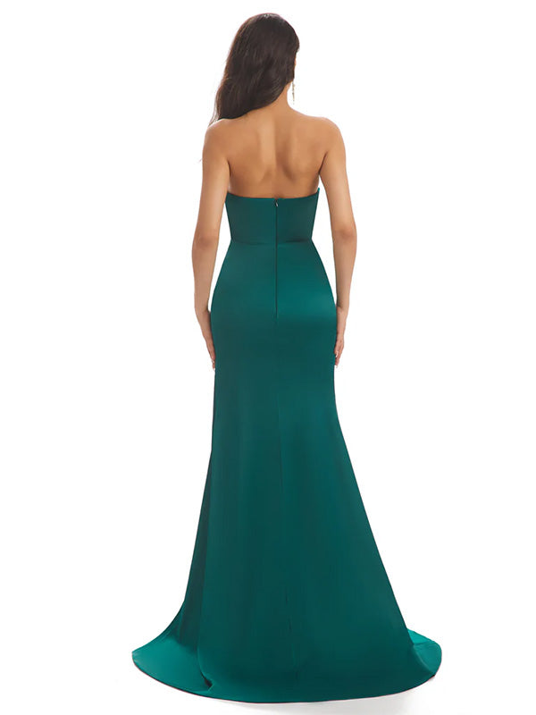 Sexy Sweetheart Strapless Mermaid Side Slit Soft Satin Long Prom Dresses For Party Online, OL364