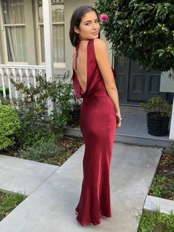 Sexy V-neck Sleeveless Mermaid Satin Evening Prom Dresses Online, OLP1083