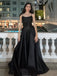 Black Spaghetti Strap Sleeveless A-line Satin Evening Prom Dresses Online, OLP850