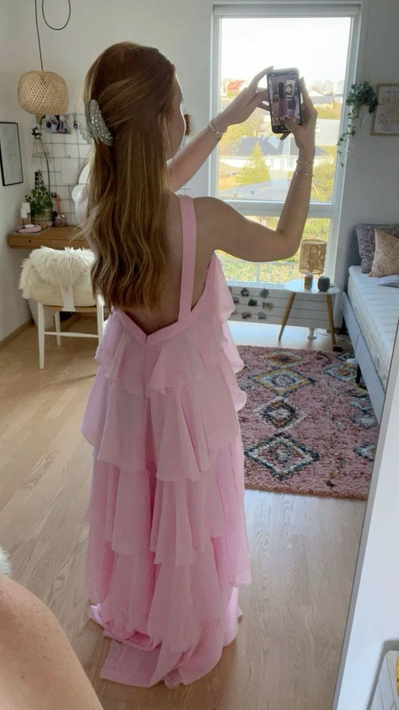 Cute Halter Strap Sleeveless A-line Chiffon Evening Prom Dresses Online, OLP1082