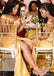 Simple Gold Off the Shoulder Mermaid Long Satin Bridesmaid Dresses with Side Slit, BG406