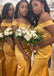 Simple Gold Off the Shoulder Mermaid Long Satin Bridesmaid Dresses with Side Slit, BG406