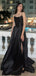 Black Spaghetti Strap Sleeveless A-line Satin Evening Prom Dresses Online, OLP850