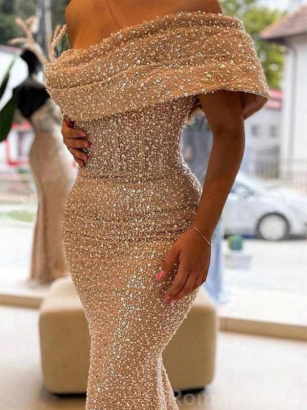 Sparkly Off the Shoulder Mermaid Sequins Ivory Evening Prom Dress Online, OL084