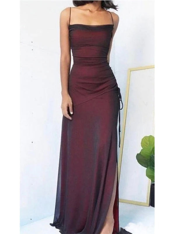 Simple Spaghetti Straps Mermaid Black Red Long Evening Prom Dress with Side Slit, OL056