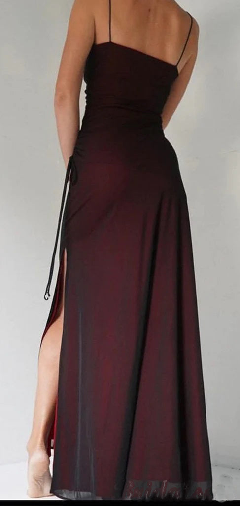 Simple Spaghetti Straps Mermaid Black Red Long Evening Prom Dress with Side Slit, OL056