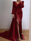Elegant V-neck Long Sleeves Mermaid Burgundy Evening Prom Dress Online, OL088