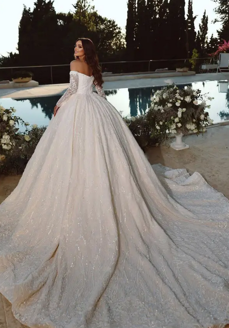 Elegant White Off-Shoulder Lace A-Line Long Wedding Dresses With Sweep Trailing,WD0561