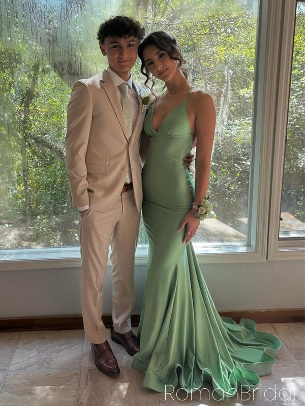 Sexy V-neck Sleeveless Mermaid Satin Evening Prom Dresses Online, OLP1124