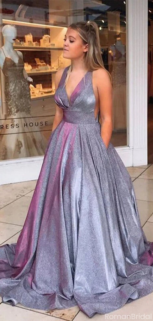 Gorgeous Gray V-Neck A-Line Long Prom Dress Ideas, Evening Party Dresses, OLP1284