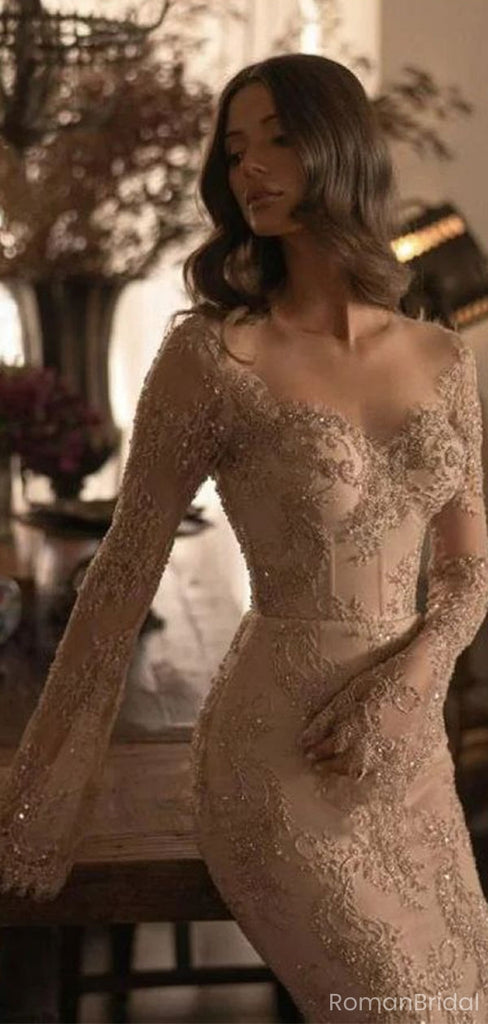 Shiny Gold Long Sleeve Mermaid Lace Applique Long Prom Dress Ideas, Evening Party Dresses, OLP1328