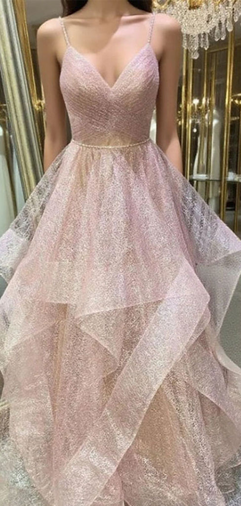 Gorgeous Pink Spaghetti Strap Sleeveless A-Line Long Prom Dress Ideas, Evening Party Dresses ,OLP1183