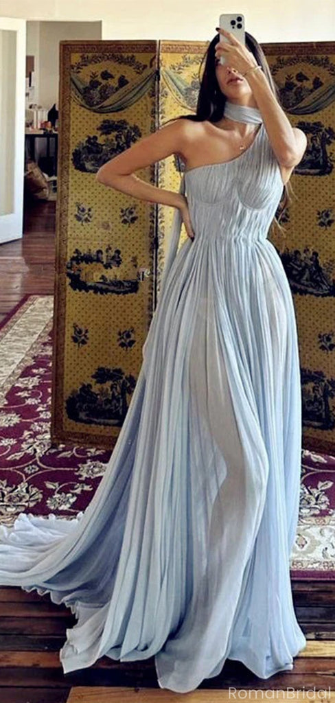 Elegant Blue One-Shoulder A-Line Long Prom Dress Ideas, Evening Party Dresses, OLP1292