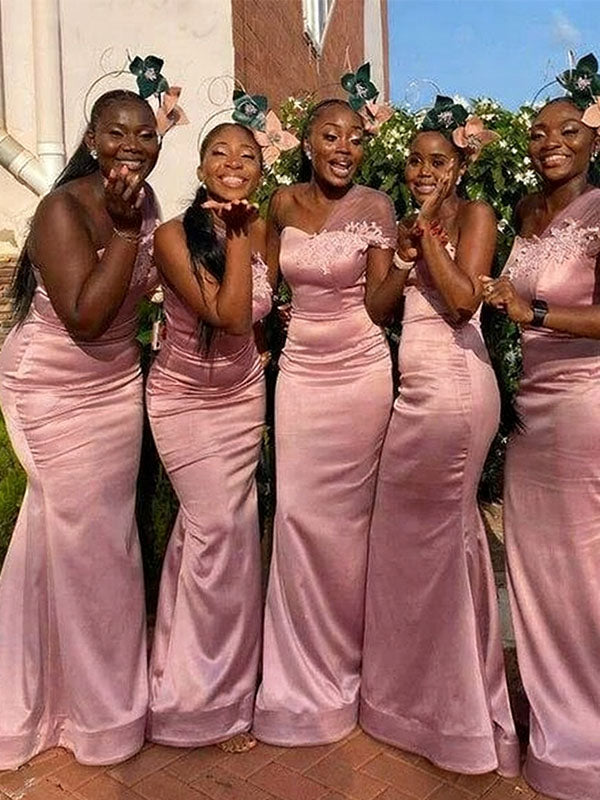 Elegant Pink Floral One-Shoulder Sleeveless Mermaid Long Bridesmaid Dresses Online, BG886