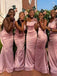 Elegant Pink Floral One-Shoulder Sleeveless Mermaid Long Bridesmaid Dresses Online, BG886