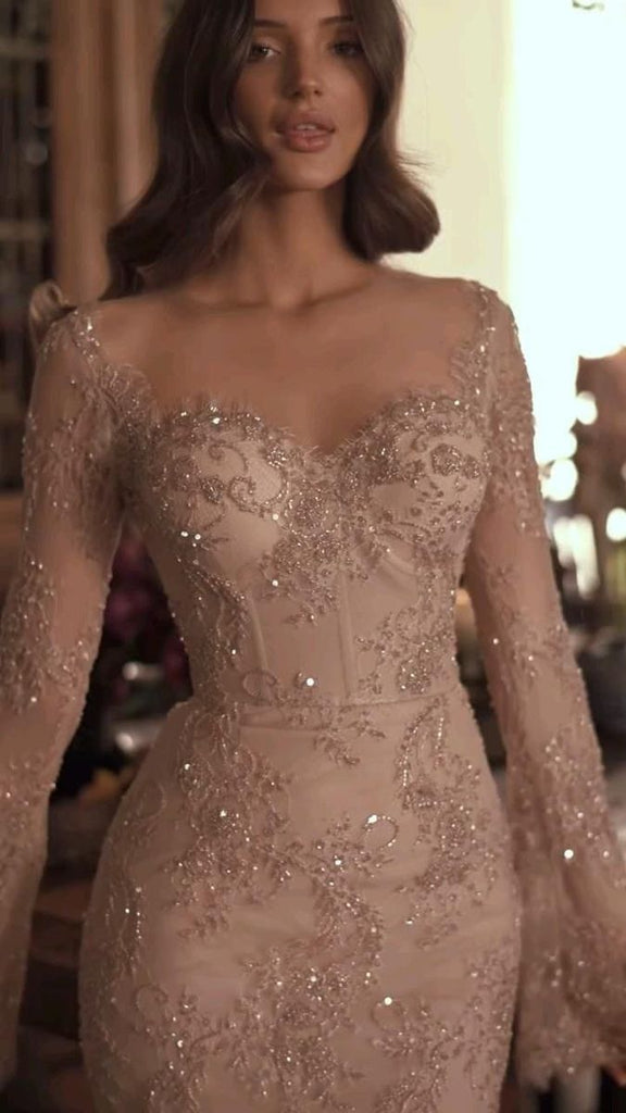 Shiny Gold Long Sleeve Mermaid Lace Applique Long Prom Dress Ideas, Evening Party Dresses, OLP1328