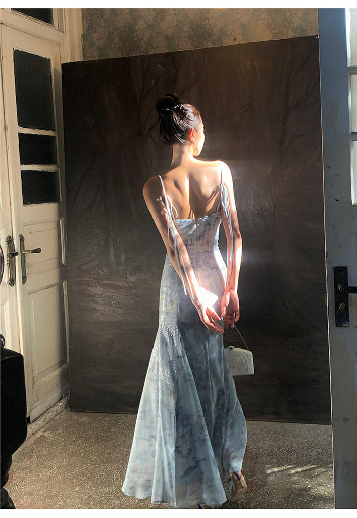 Elegant Blue Spaghetti Strap Mermaid Applique Long Prom Dress Ideas, Evening Party Dresses, OLP1346