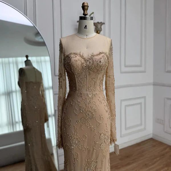 Shiny Gold Long Sleeve Mermaid Lace Applique Long Prom Dress Ideas, Evening Party Dresses, OLP1328
