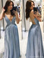 Shiny Blue Spaghetti Strap A-Line Long Prom Dress Ideas, Evening Party Dresses, OLP1276