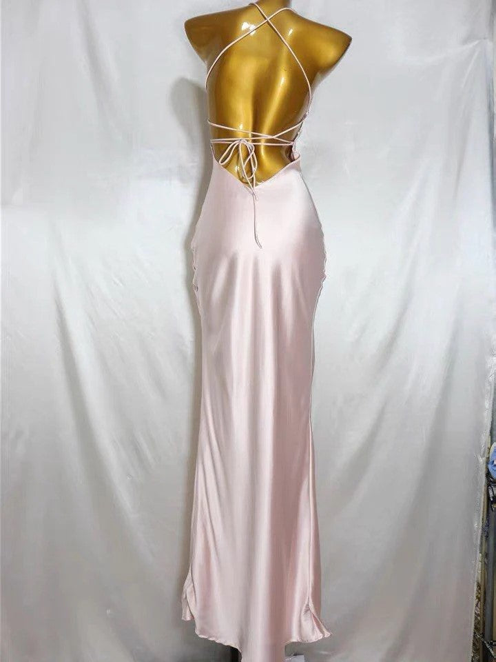 Soft Spaghetti Strap Sleeveless Mermaid Satin Long Prom Dresses Online, OL505