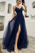 Simple Spaghetti Strap V-neck Sleeveless A-line Tulle Long Prom Dresses Online, OL567