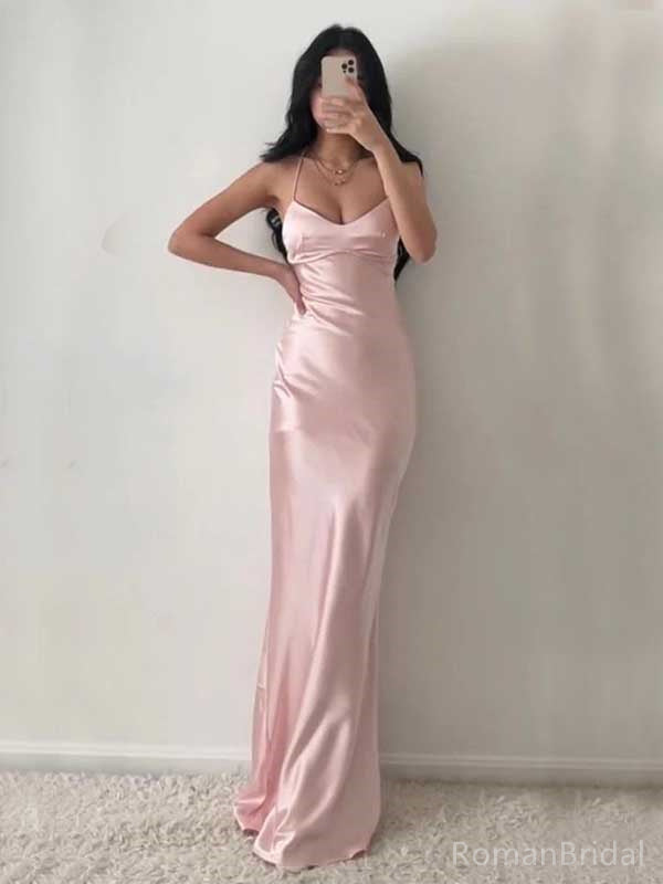 Soft Spaghetti Strap Sleeveless Mermaid Satin Long Prom Dresses Online, OL505