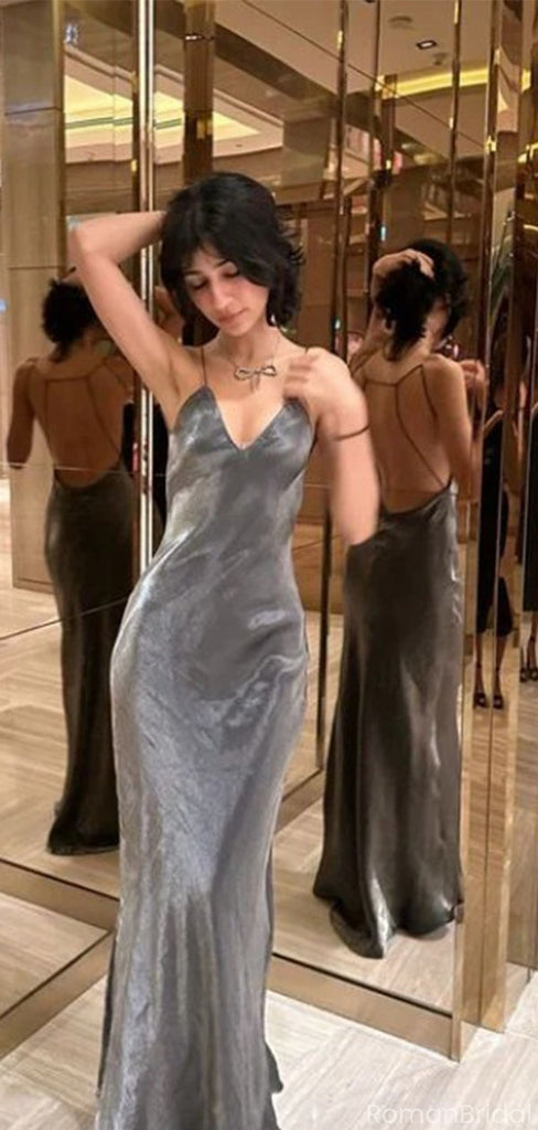 Elegant Gray Spaghetti Strap Mermaid Long Prom Dress Ideas, Evening Party Dresses, OLP1347