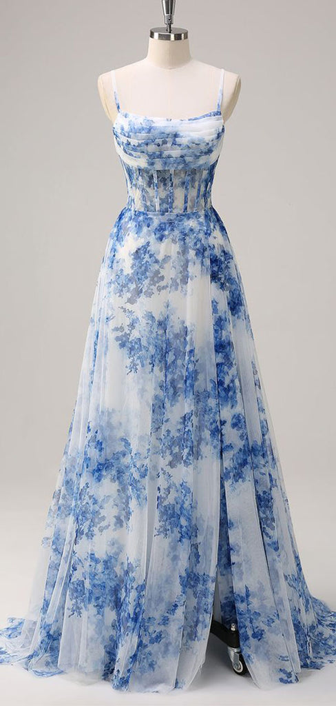 Elegant Blue Spaghetti Strap Mermaid Side Slit Long Prom Dress Ideas, Evening Party Dresses , OLP1234