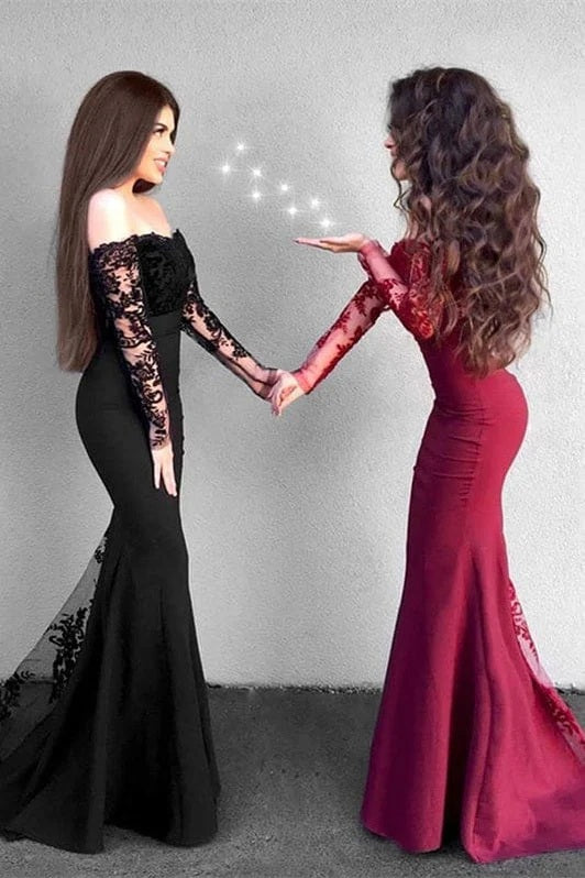 Sexy Black Long Sleeve Mermaid Lace Applique Long Prom Dress Ideas, Evening Party Dresses, OLP1329