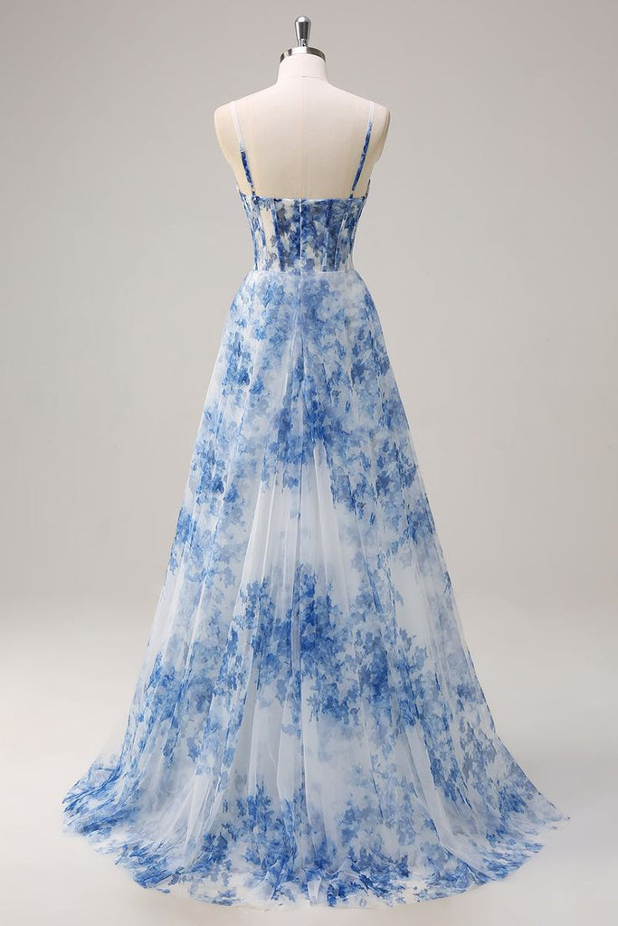 Elegant Blue Spaghetti Strap Mermaid Side Slit Long Prom Dress Ideas, Evening Party Dresses , OLP1234