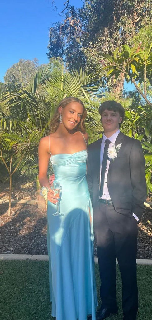 Elegant Blue Spaghetti Strap Side Slit Mermaid Long Prom Dress Ideas, Evening Party Dresses, OLP1320